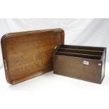 An Oak two handled tray with brass handles together with a mahogany stationary rack.