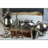 A silver plated teaset, set of four copper jelly moulds, chess set etc.