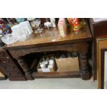 17th century or Later Oak Refectory Style Table with lunette carved frieze and raised on gun