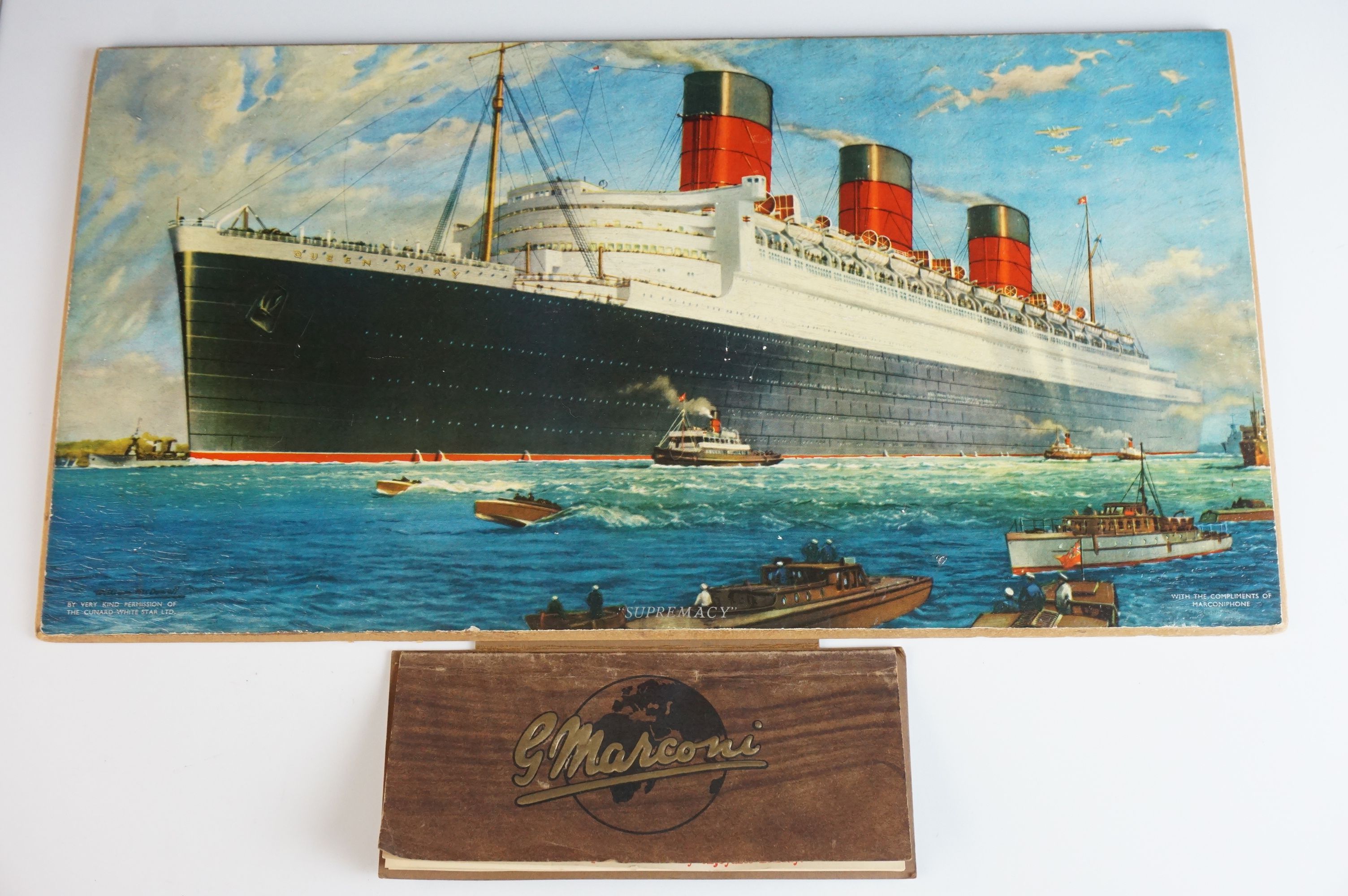 Advertising, G. Marconi - 1936 Image on board of the Queen Mary on her maiden voyage titled '