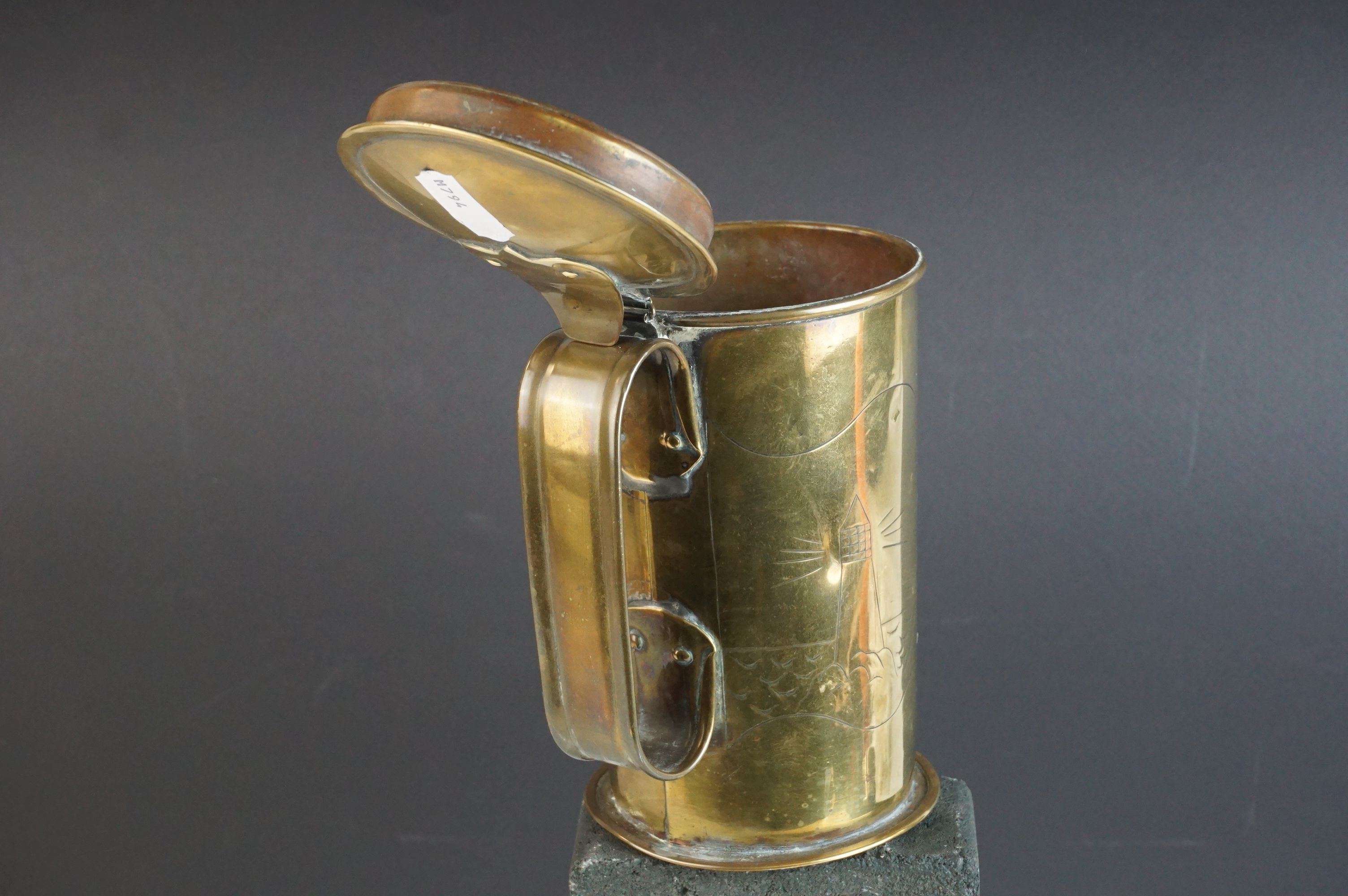 Arts and Crafts Brass Trench Art Lidded Tankard, marked ' Ye Lighthouse Inn, Portsmouth ' 15cms high - Image 5 of 6