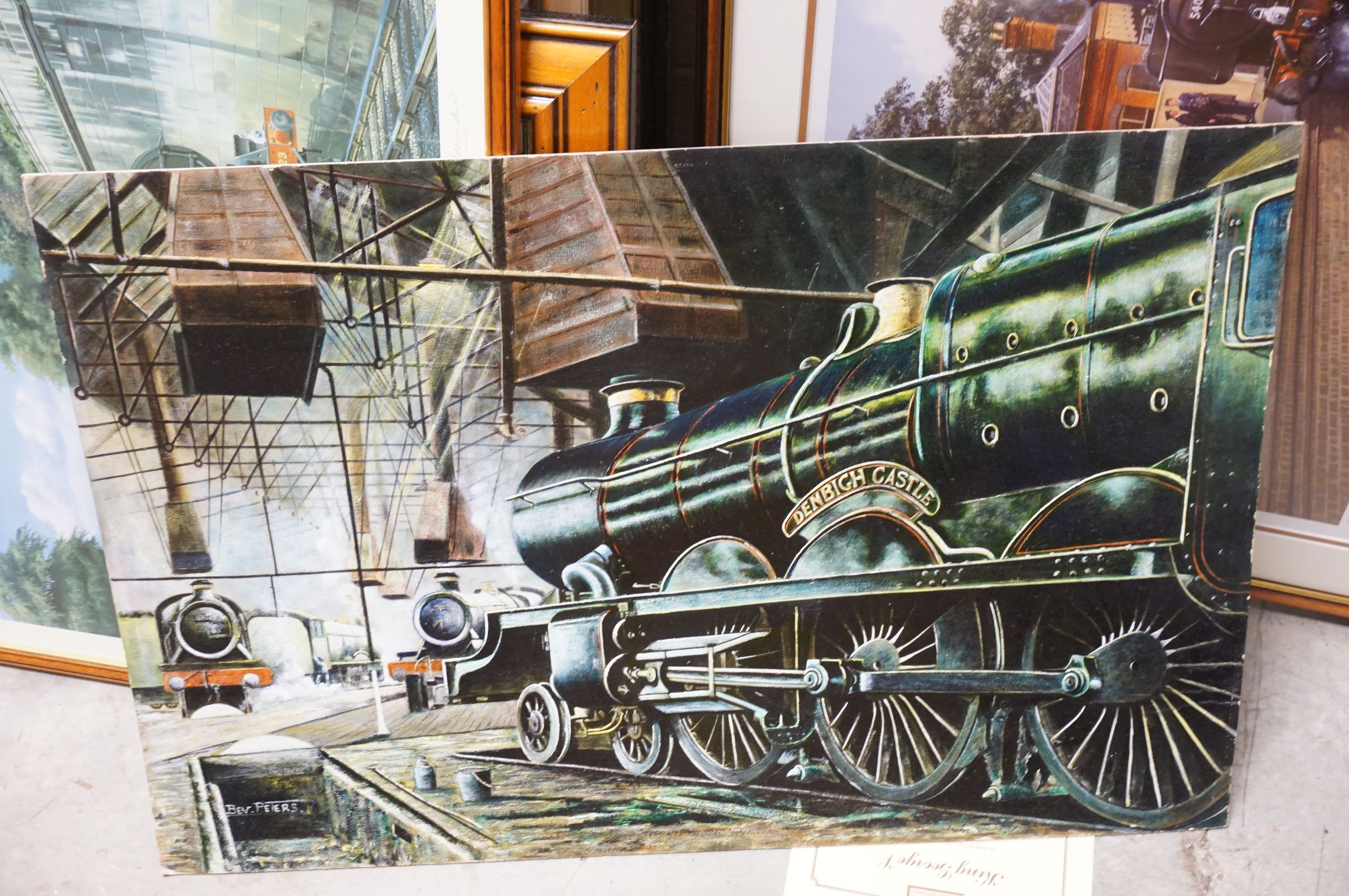 P Holt - two oil on board paintings of steam trains, a framed limited edition print of Calne railway - Bild 6 aus 10
