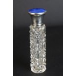 Cut Glass Scent Bottle with Silver Hallmarked and Blue Guilloche Enamel Top, with stopper,
