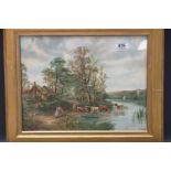 Framed and Glazed Picture of a Rural Scene with cattle drinking from a lake, signed O.T. Clarke,
