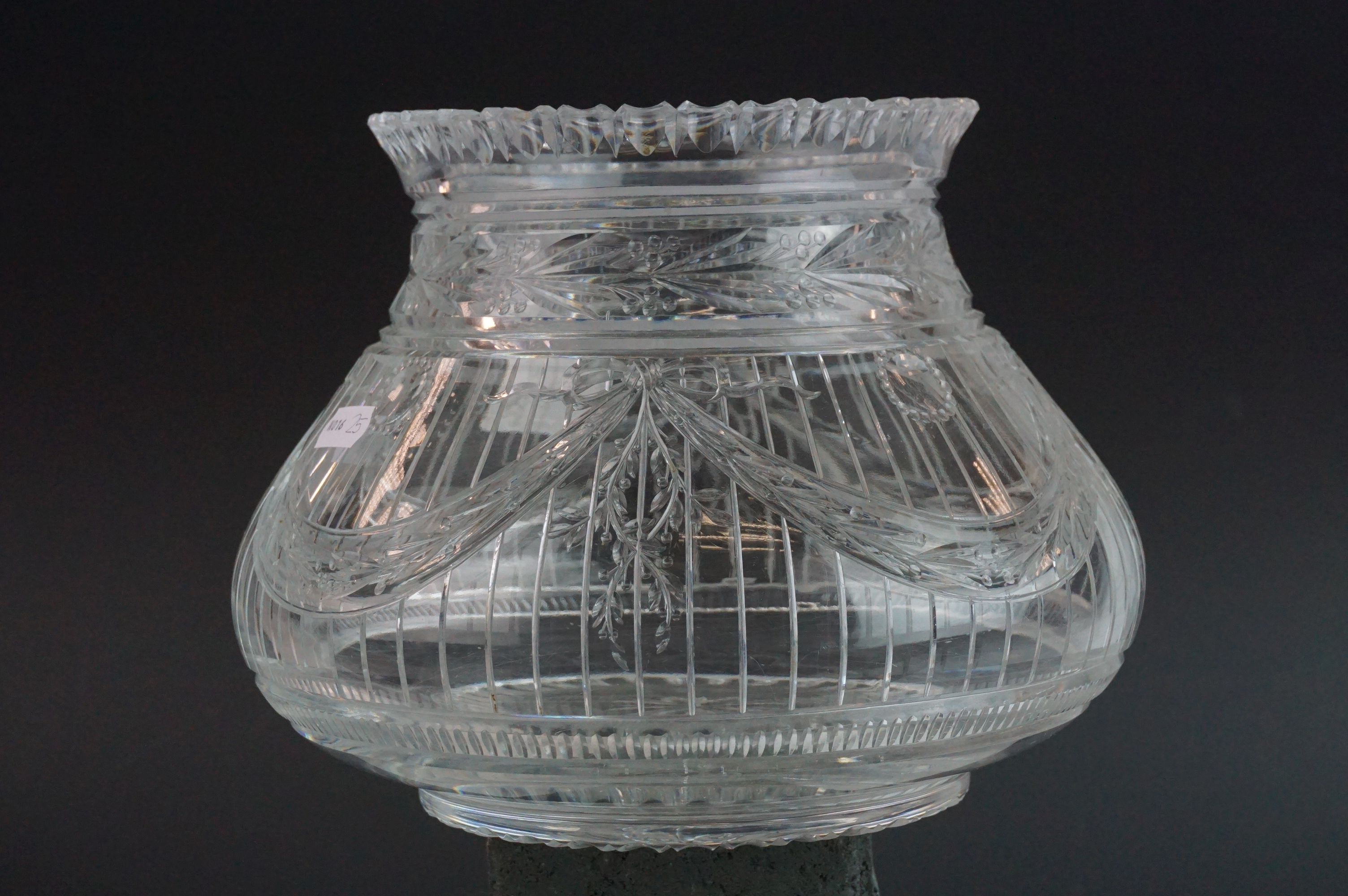 Webb glass vase, the squat ovoid body engraved with ribbons