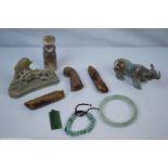 Selection of Six Chinese Stone Carved Items including Green Stone Rhino, 11cms long together with