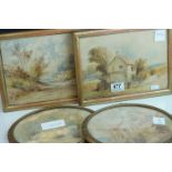 A Pair of 19th century oval gilt framed watercolours rural scenes with cottages together with two