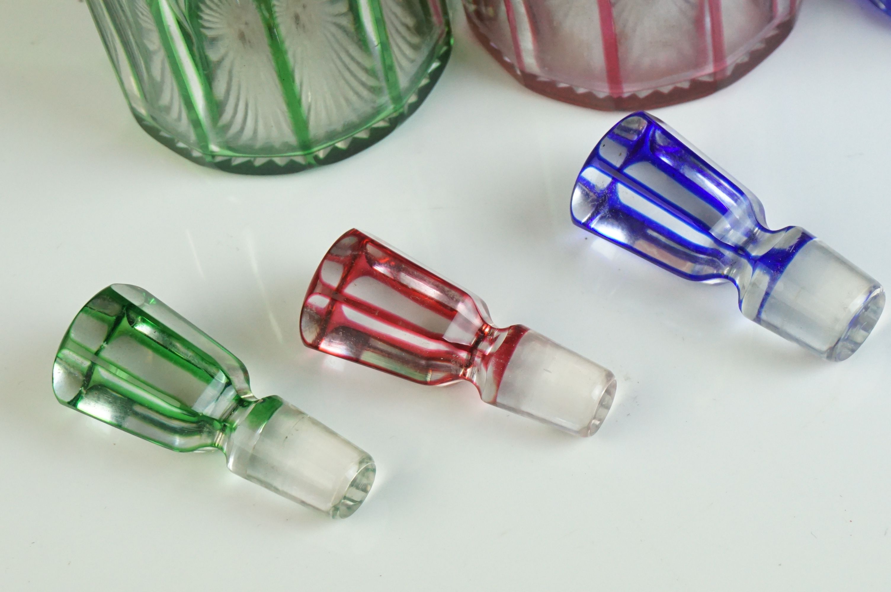 Set of Three Bohemian Coloured Glass Tall Decanters with Stoppers (blue, green and red) held on a - Image 8 of 9