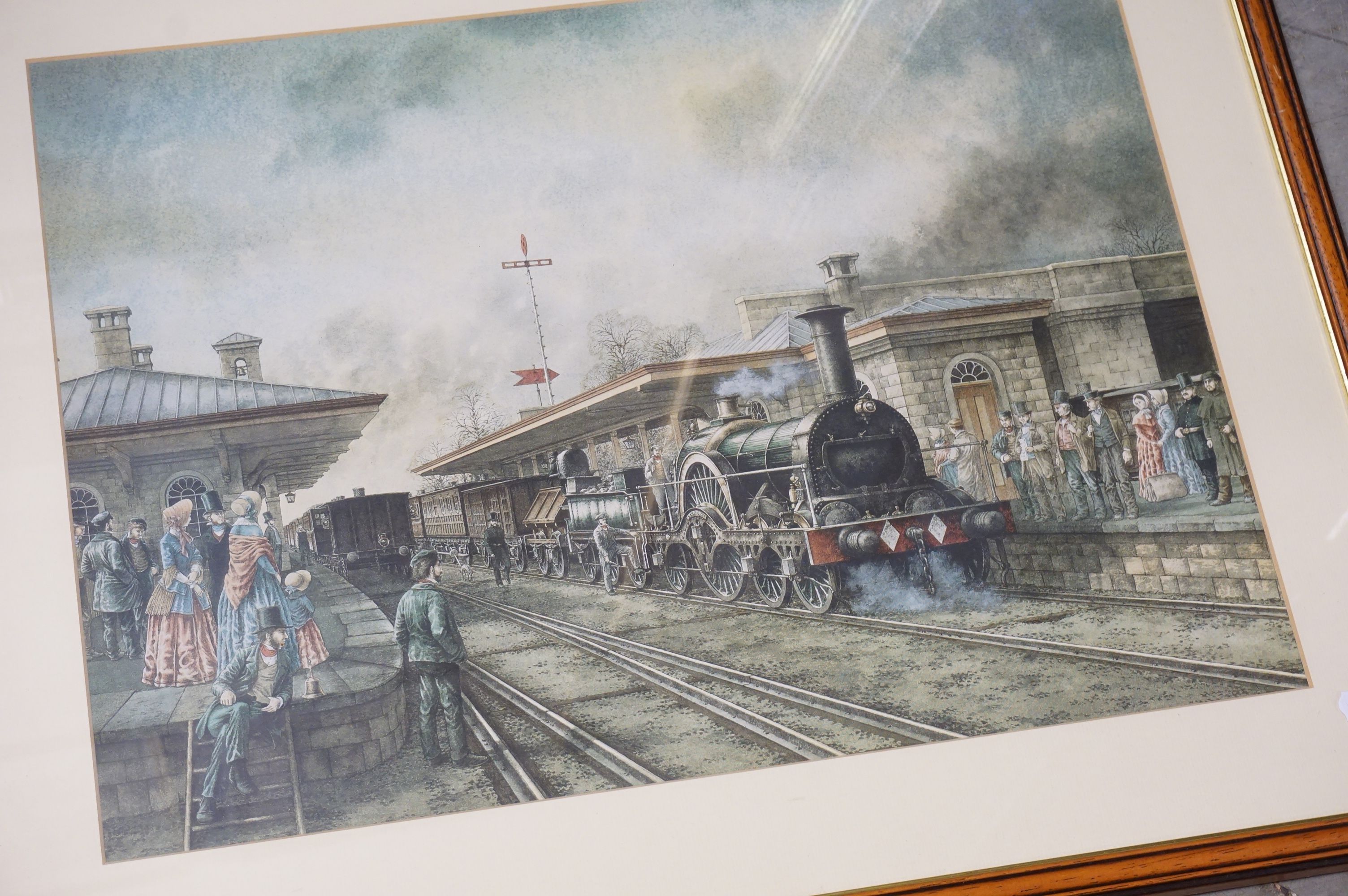 P Holt - two oil on board paintings of steam trains, a framed limited edition print of Calne railway - Bild 3 aus 10