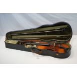 An antique boxed violin with two bows in a W E Hill violin case and cover together with a Yehudi