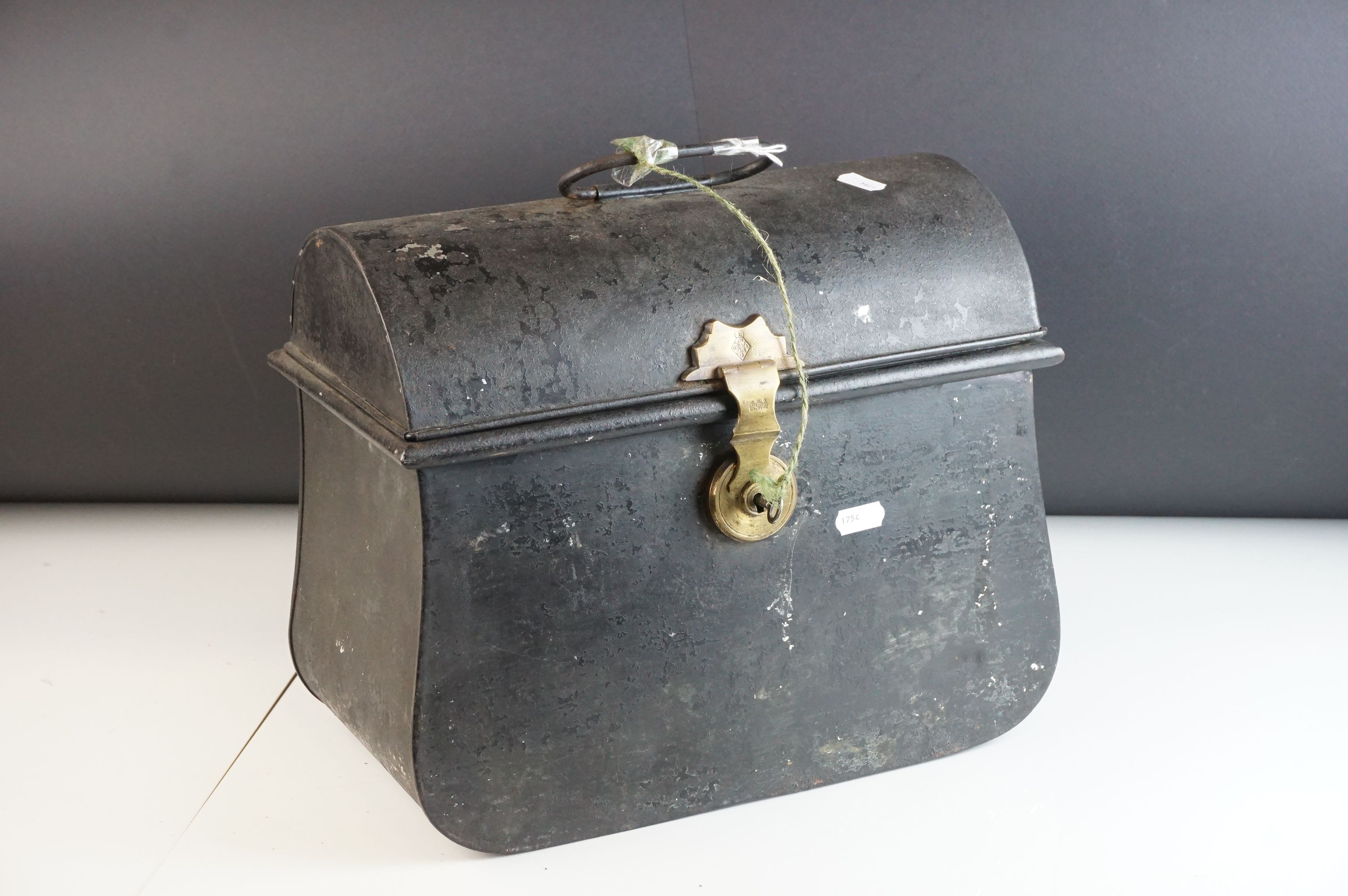 Victorian Black Metal Cash / Strong Box, the brass clasp and lock stamped with registration lozenge,