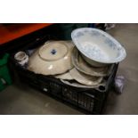 A large quantity of blue and white china to include 19th century plates, bowls, meat platters etc in