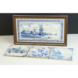 Three antique Delft tin glazed tiles together with a framed contemporary tiled image of a harbour