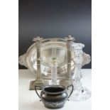 Pair of Regency Style Silver Plated Table Lamps (in need of re-wiring), Two Moulded Glass