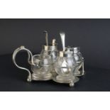 Victorian Silver Quatrefoil Cruet Stand holding Pair of Glass Mustards with Silver Lids and