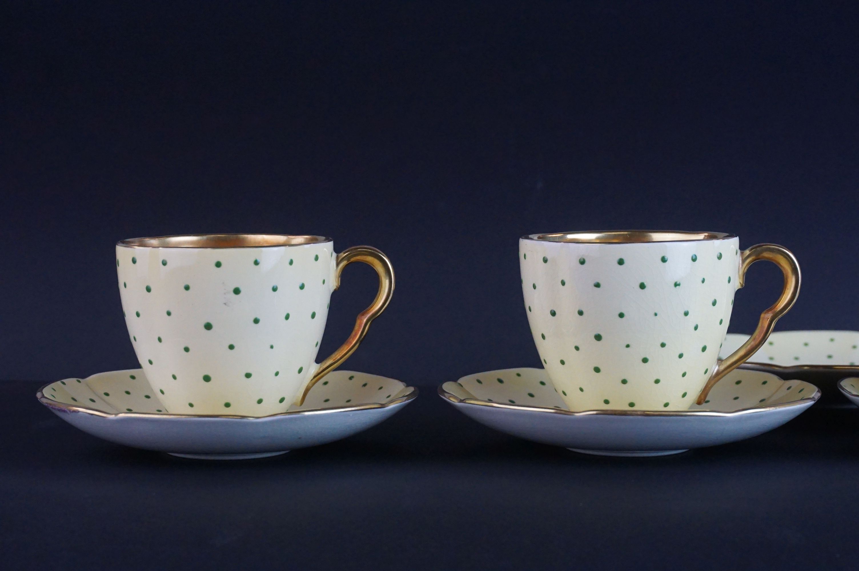 Early 20th Century Carlton ware coffee set, enamelled with green dots on a yellow ground, comprising - Image 4 of 10