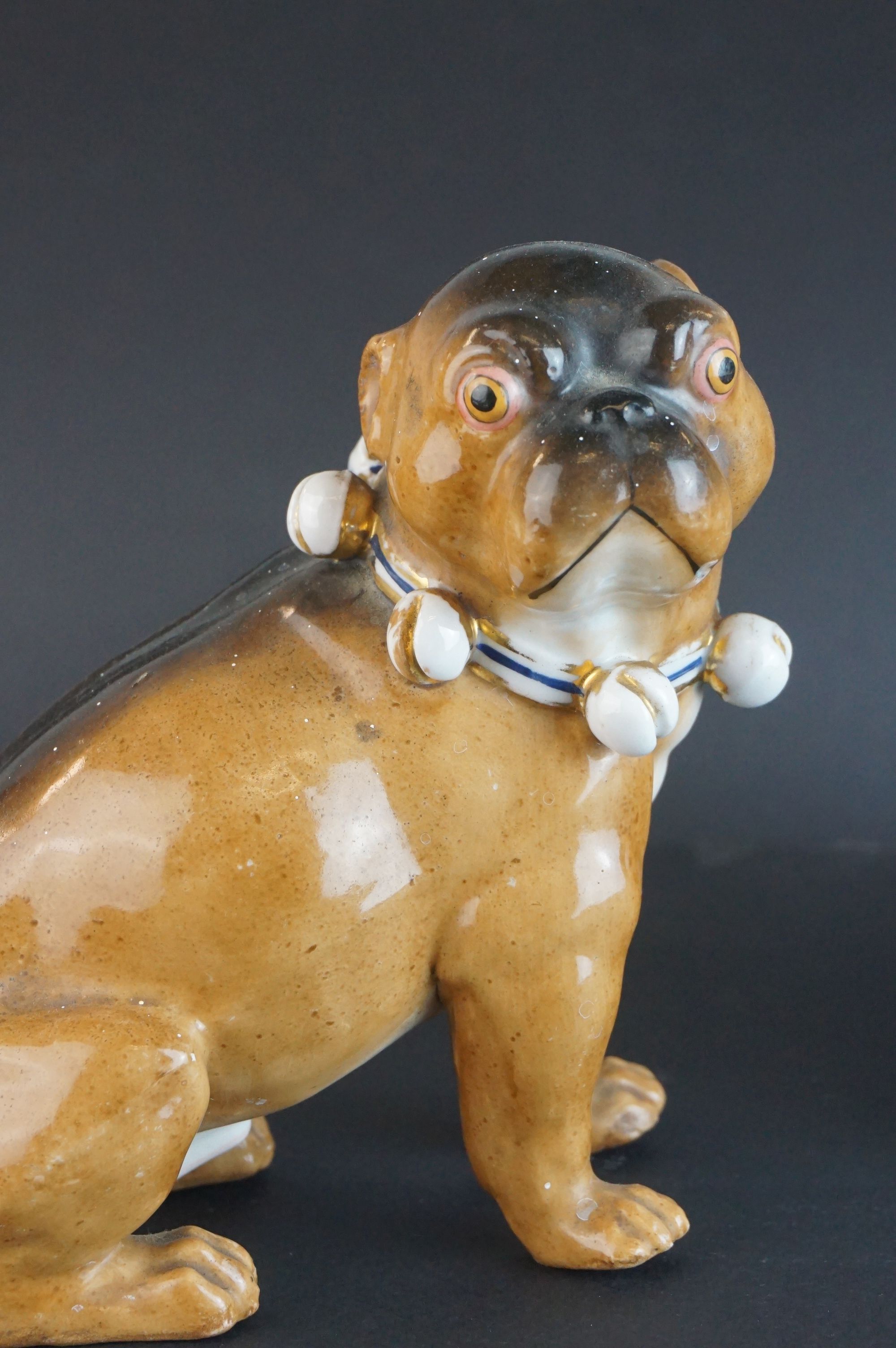 Pair of 19th century Meissen Style Porcelain Seated Pugs with bell collars, 13cms high (one with - Image 2 of 11