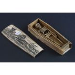 Bone Scrimshaw Style Box in the form of a Coffin, with etched whaling scene to top, the inside