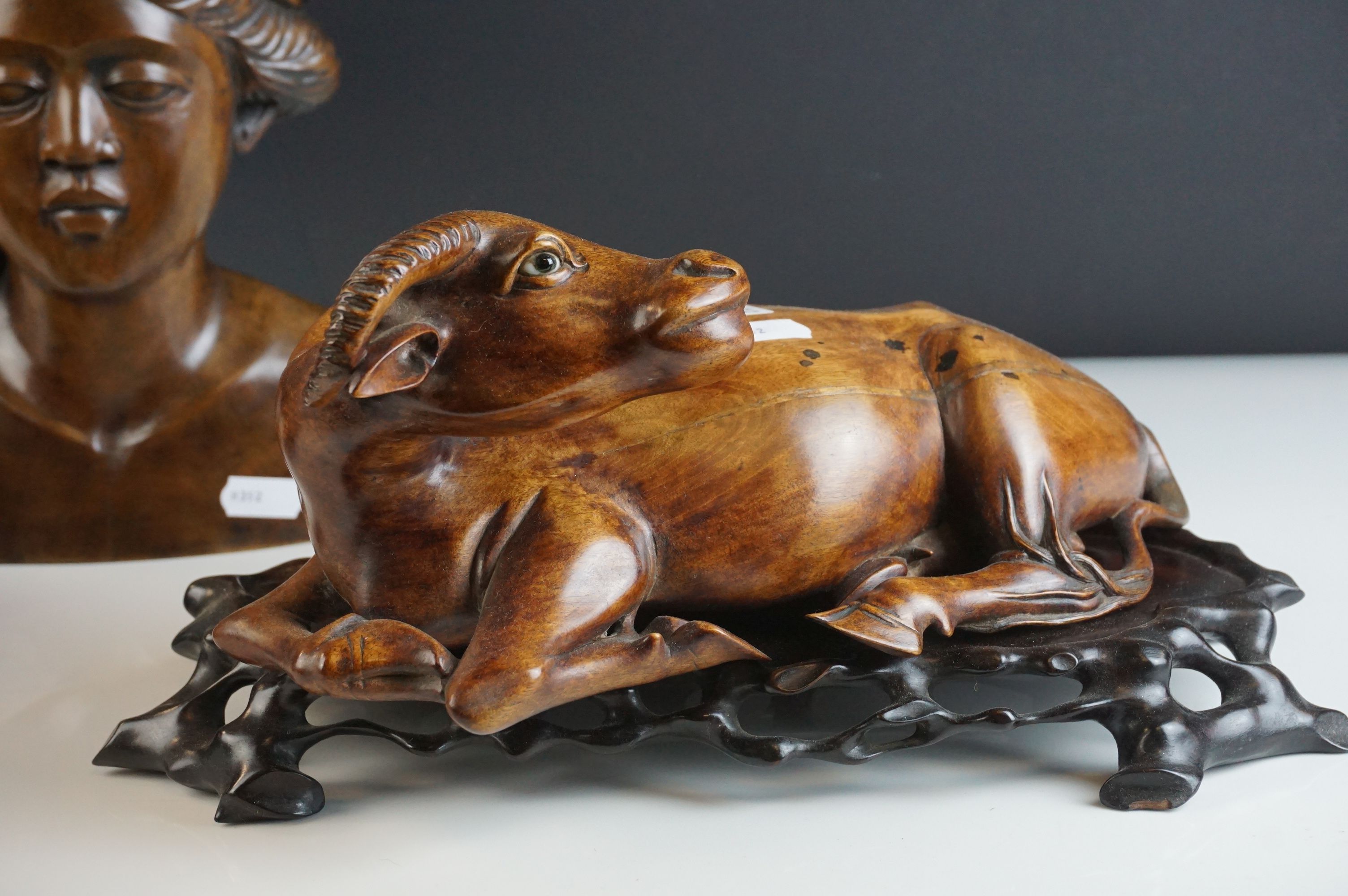 Pair of Chinese / South East Asian Hardwood Carved Models of Recumbent Cows / Ox / Water Buffalo - Image 3 of 7
