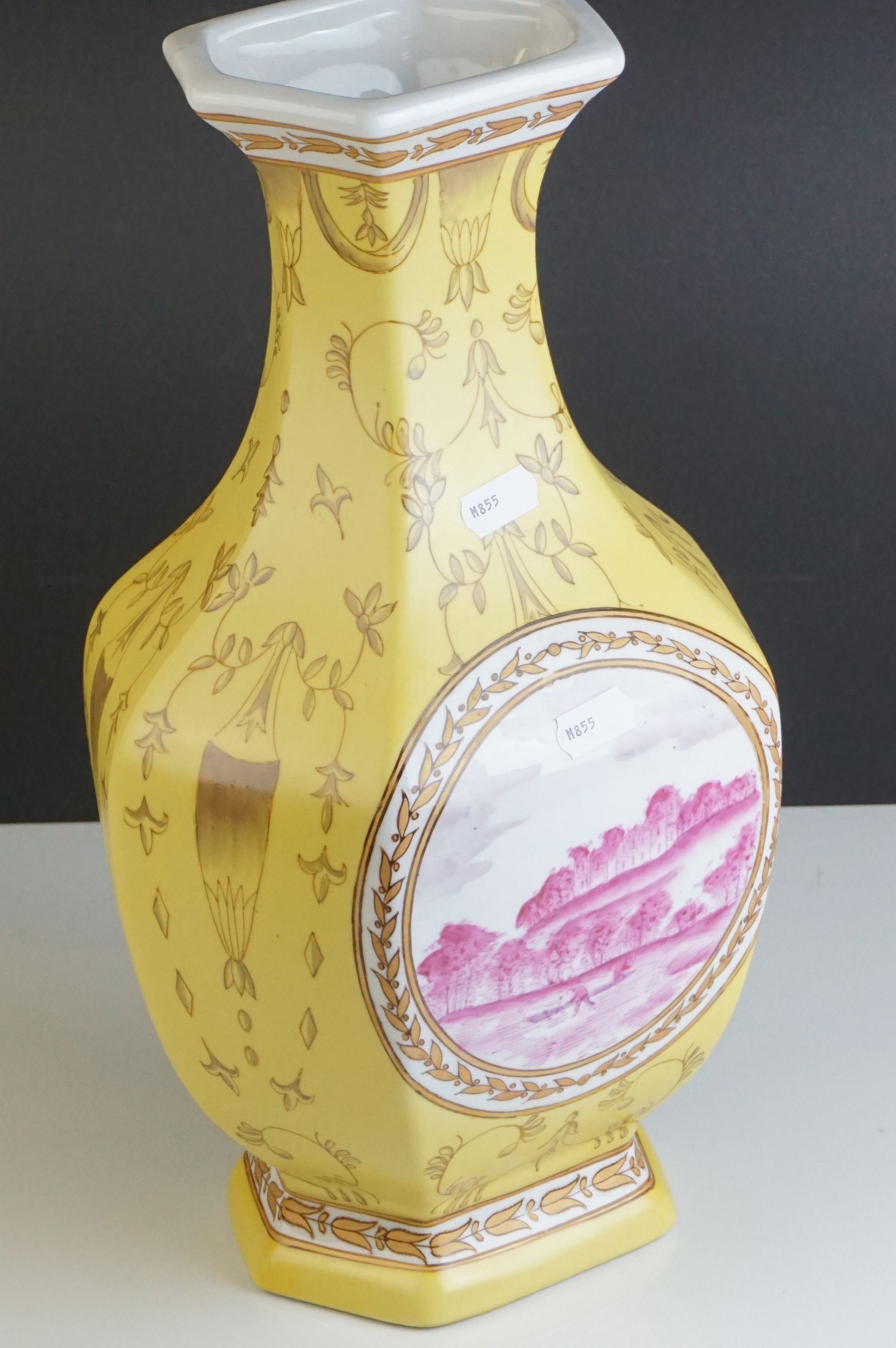 Pair of 20th century Chinese Yellow Ground Vases decorated with panels of European Landscape - Image 6 of 9