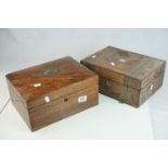 Two Victorian Walnut Jewellery Boxes, one with tunbridgeware style inlay, both a/f