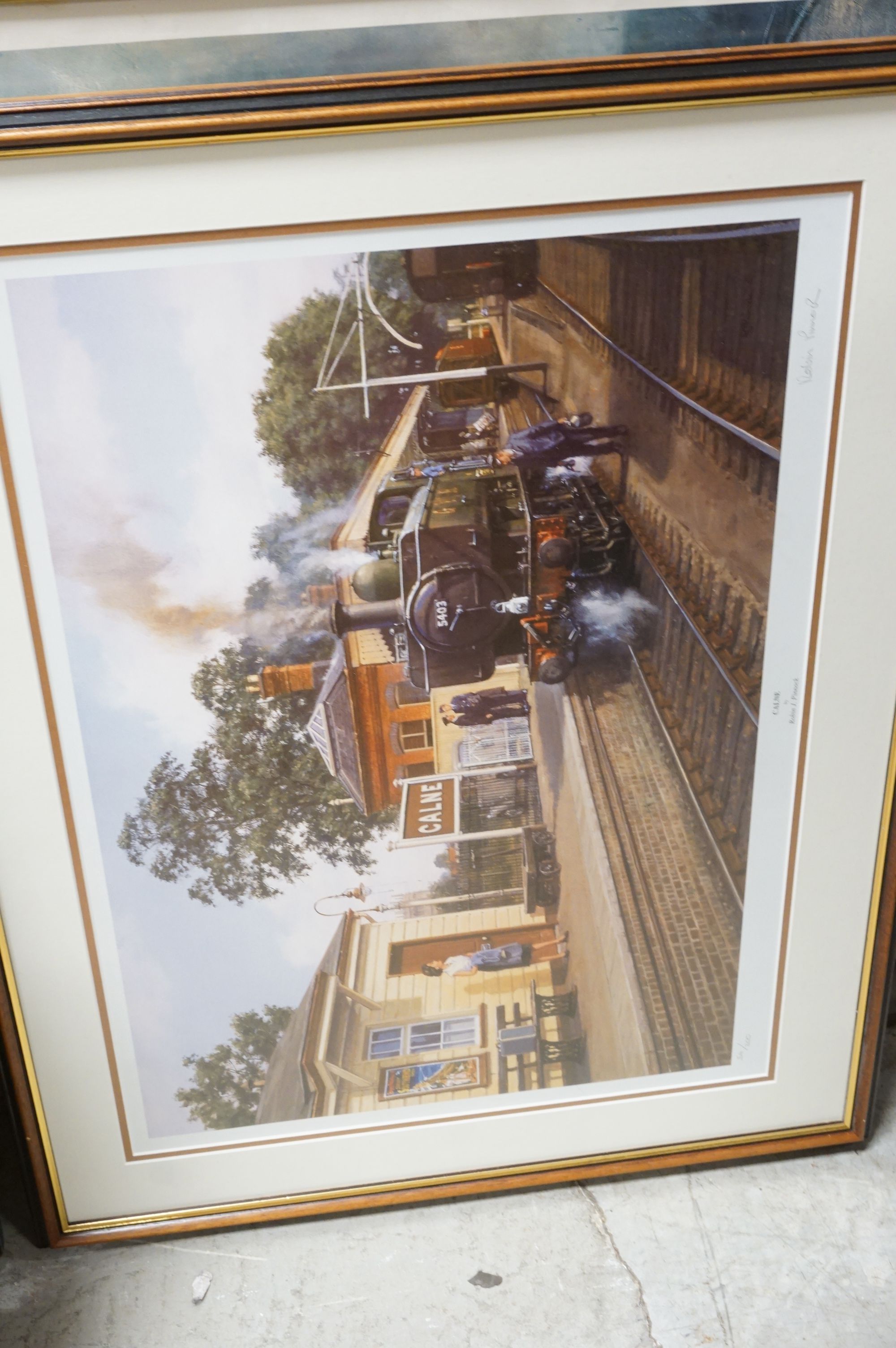 P Holt - two oil on board paintings of steam trains, a framed limited edition print of Calne railway - Bild 9 aus 10