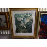 Lee Cable framed and glazed coloured print of an Owl at night signed in pencil.