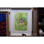 A large framed and glazed limited edition print titled Spectacled Owl in Grass no 4/50