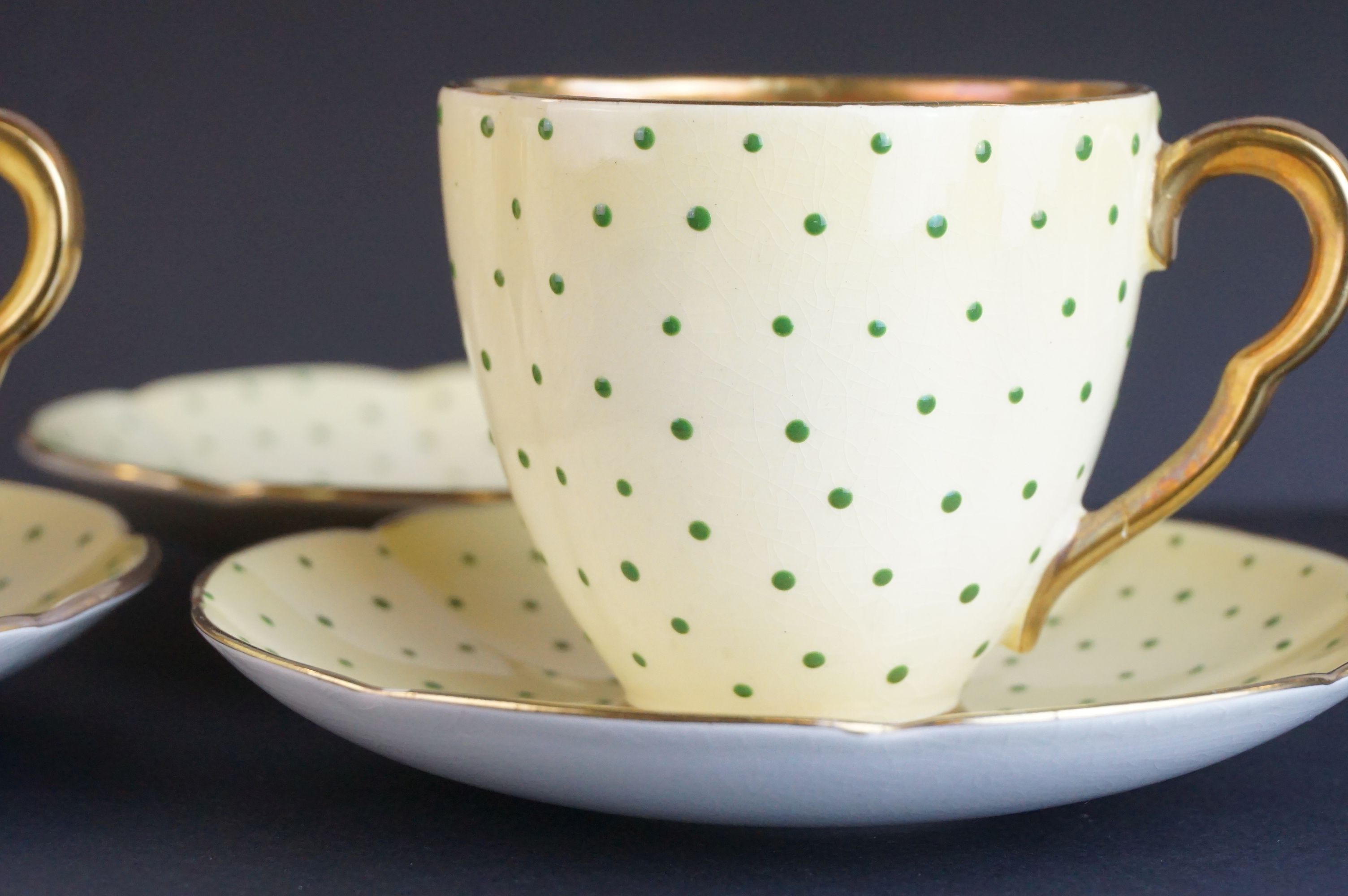 Early 20th Century Carlton ware coffee set, enamelled with green dots on a yellow ground, comprising - Image 5 of 10