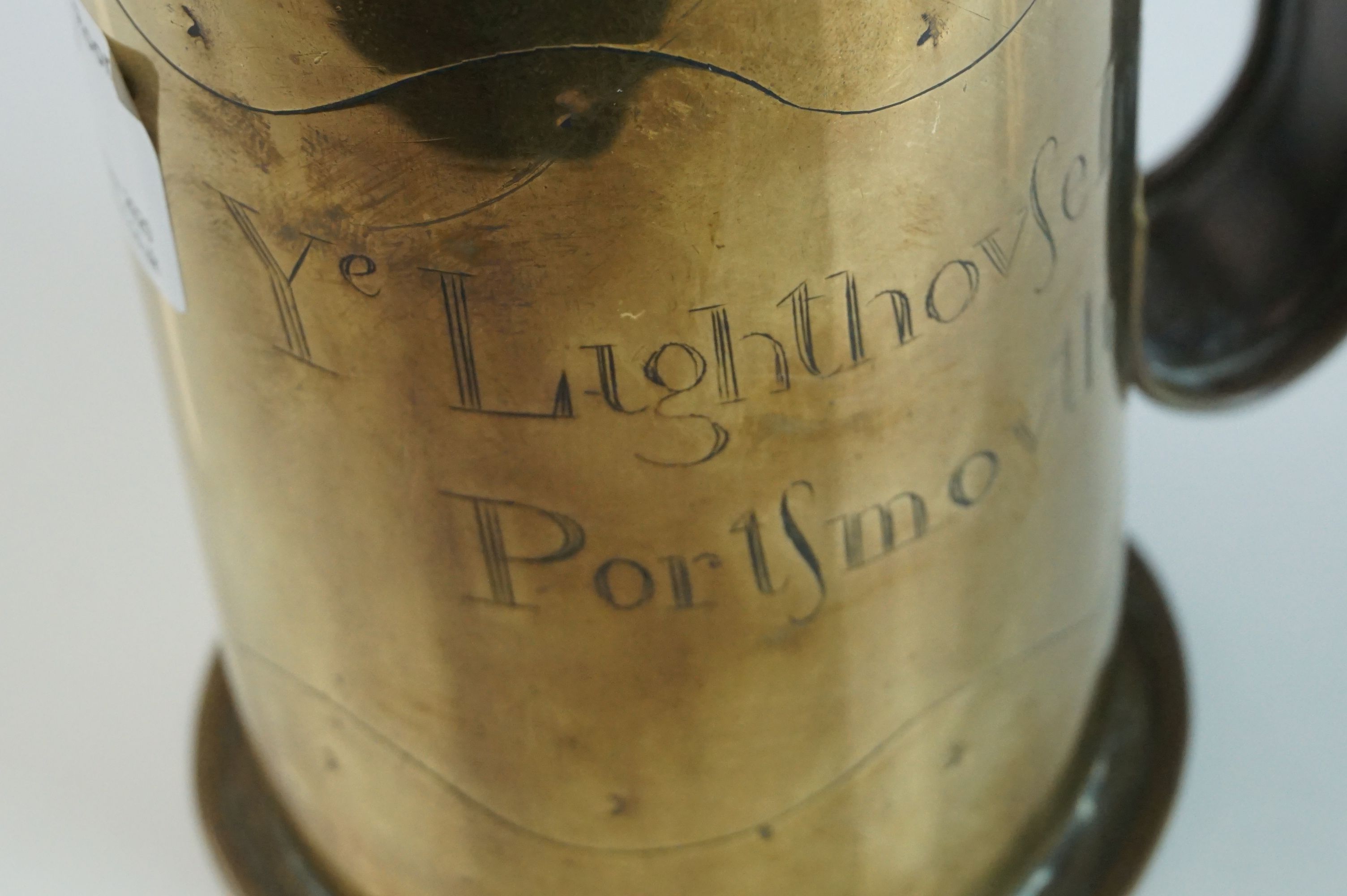 Arts and Crafts Brass Trench Art Lidded Tankard, marked ' Ye Lighthouse Inn, Portsmouth ' 15cms high - Image 3 of 6