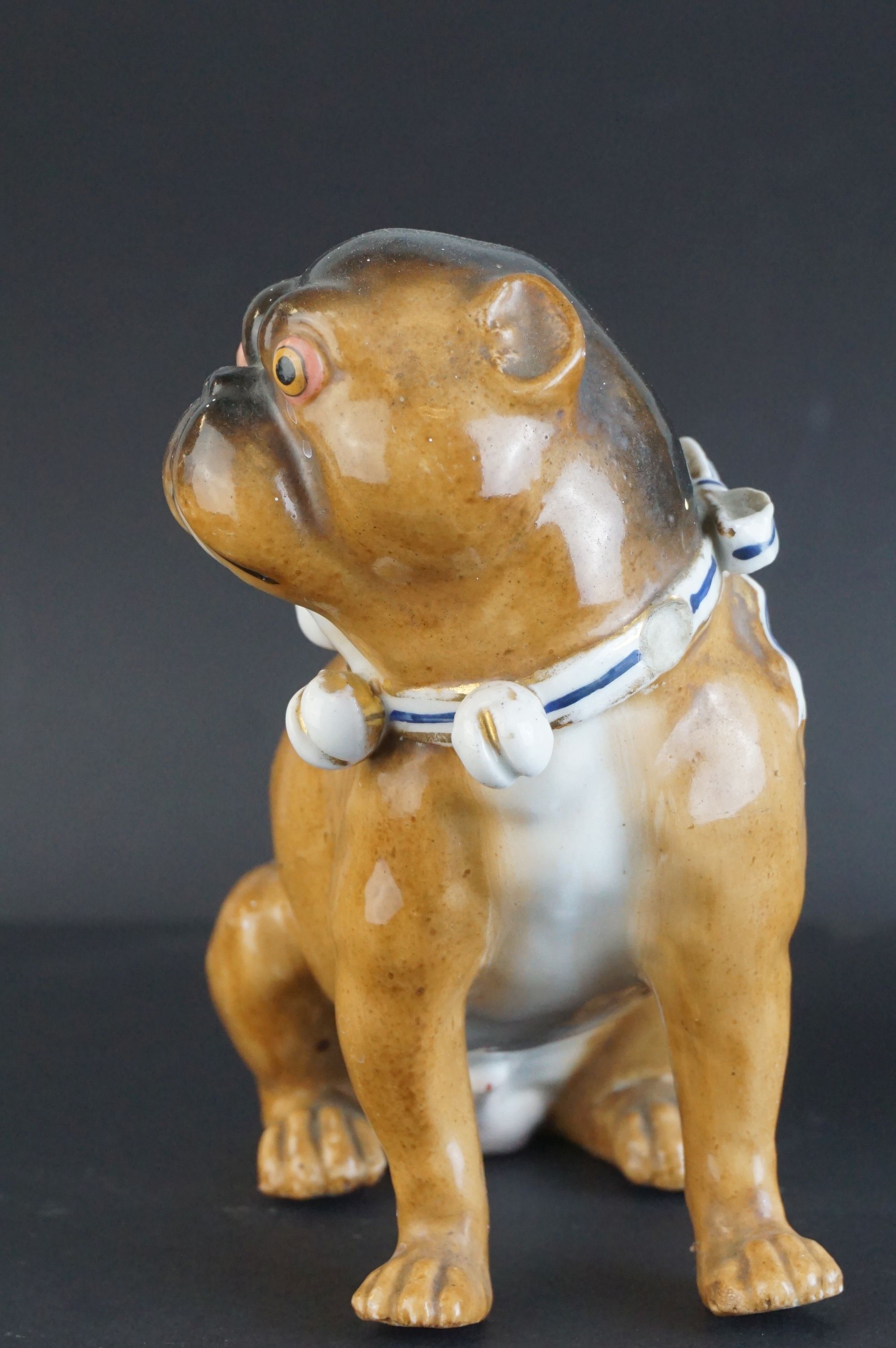 Pair of 19th century Meissen Style Porcelain Seated Pugs with bell collars, 13cms high (one with - Image 3 of 11