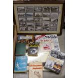 Collection of Titanic Memorabilia and Books with framed and glazed set of 25 Rockwell Cards in the