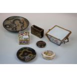 Four items of Cloisonne including small dish, two pin trays and a pendant together with a Match