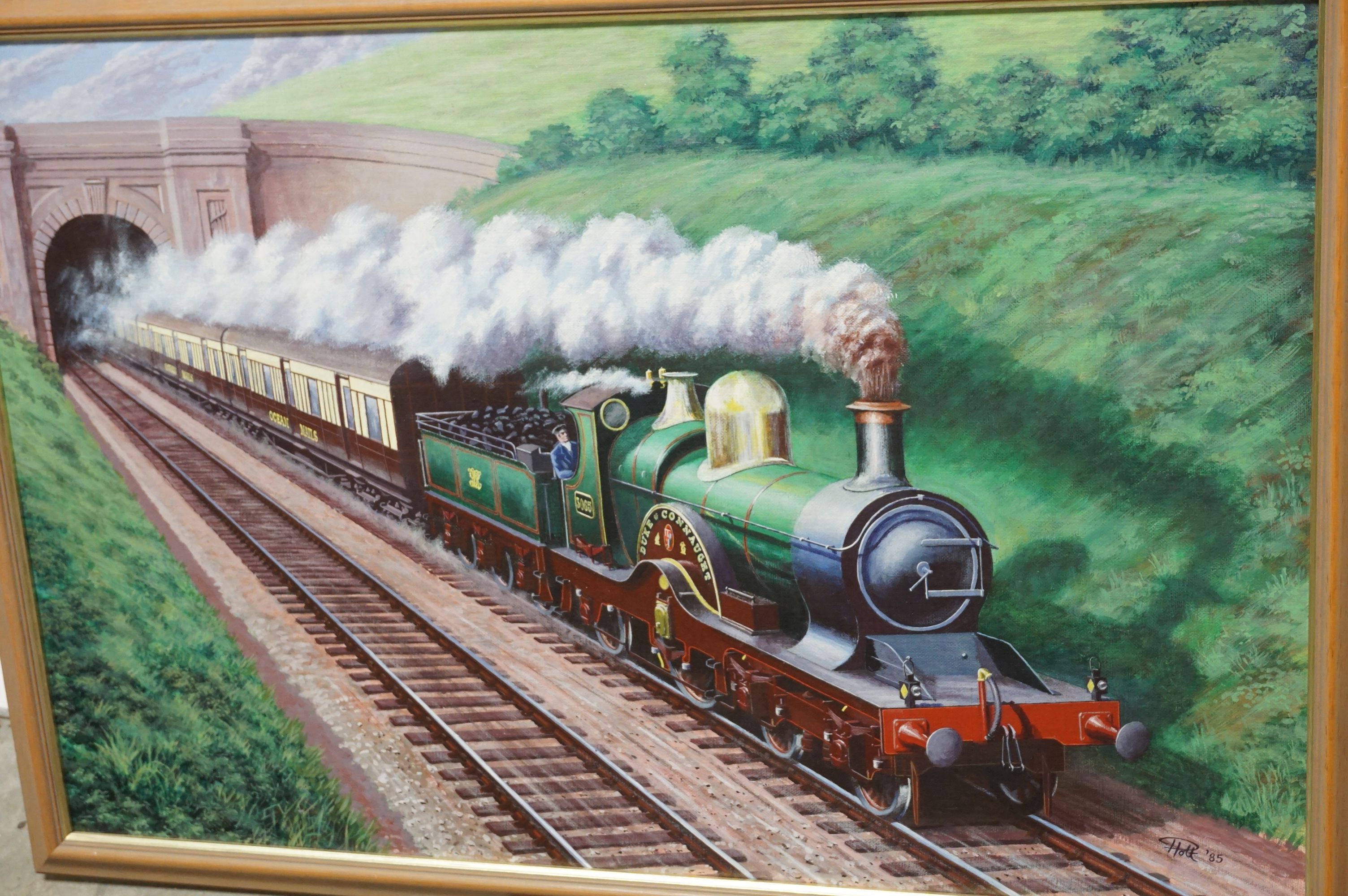 P Holt - two oil on board paintings of steam trains, a framed limited edition print of Calne railway - Bild 2 aus 10