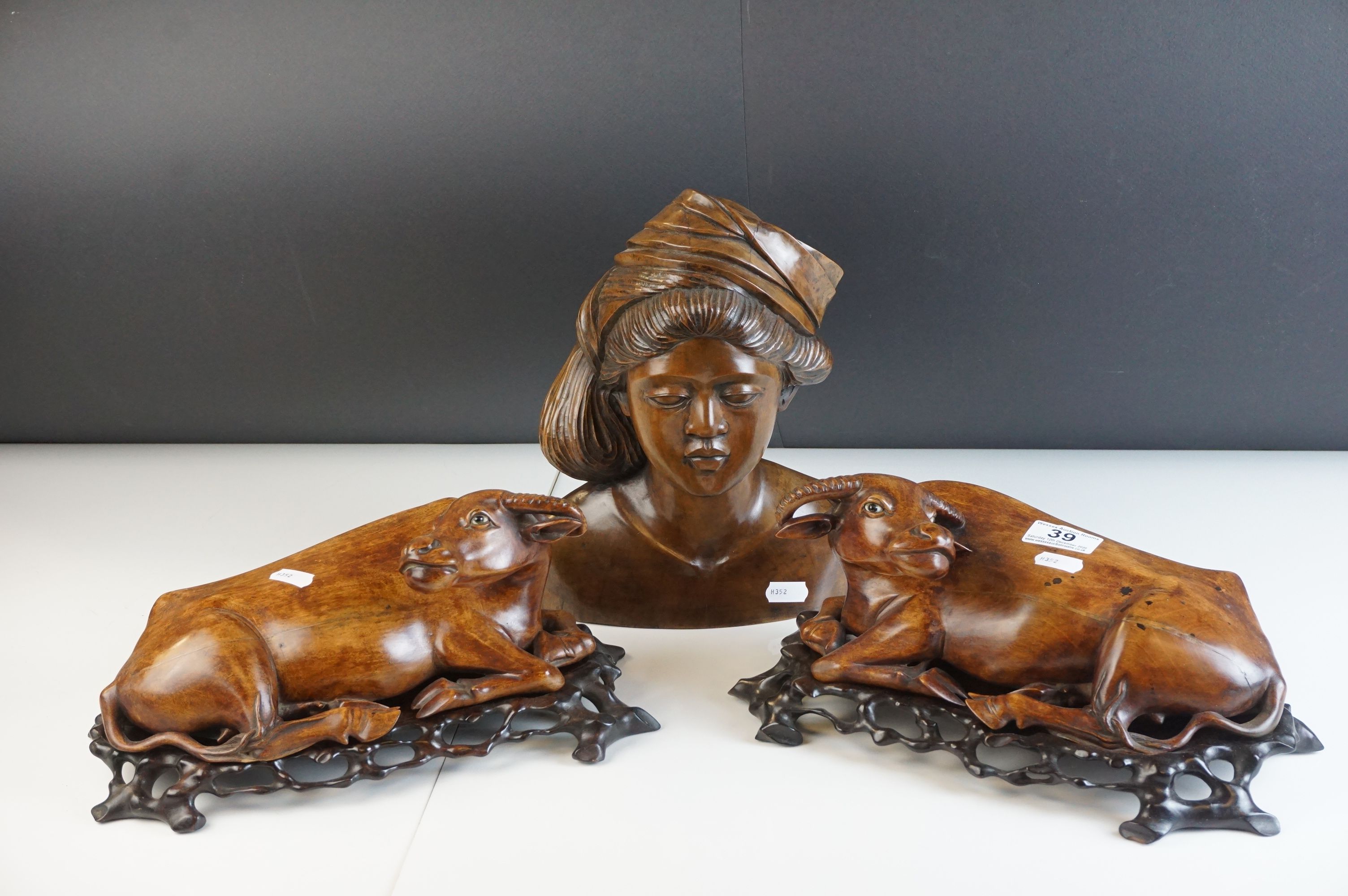 Pair of Chinese / South East Asian Hardwood Carved Models of Recumbent Cows / Ox / Water Buffalo