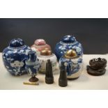 A quantity of oriental ceramics to include ginger jars together with two miniature spirits Robert