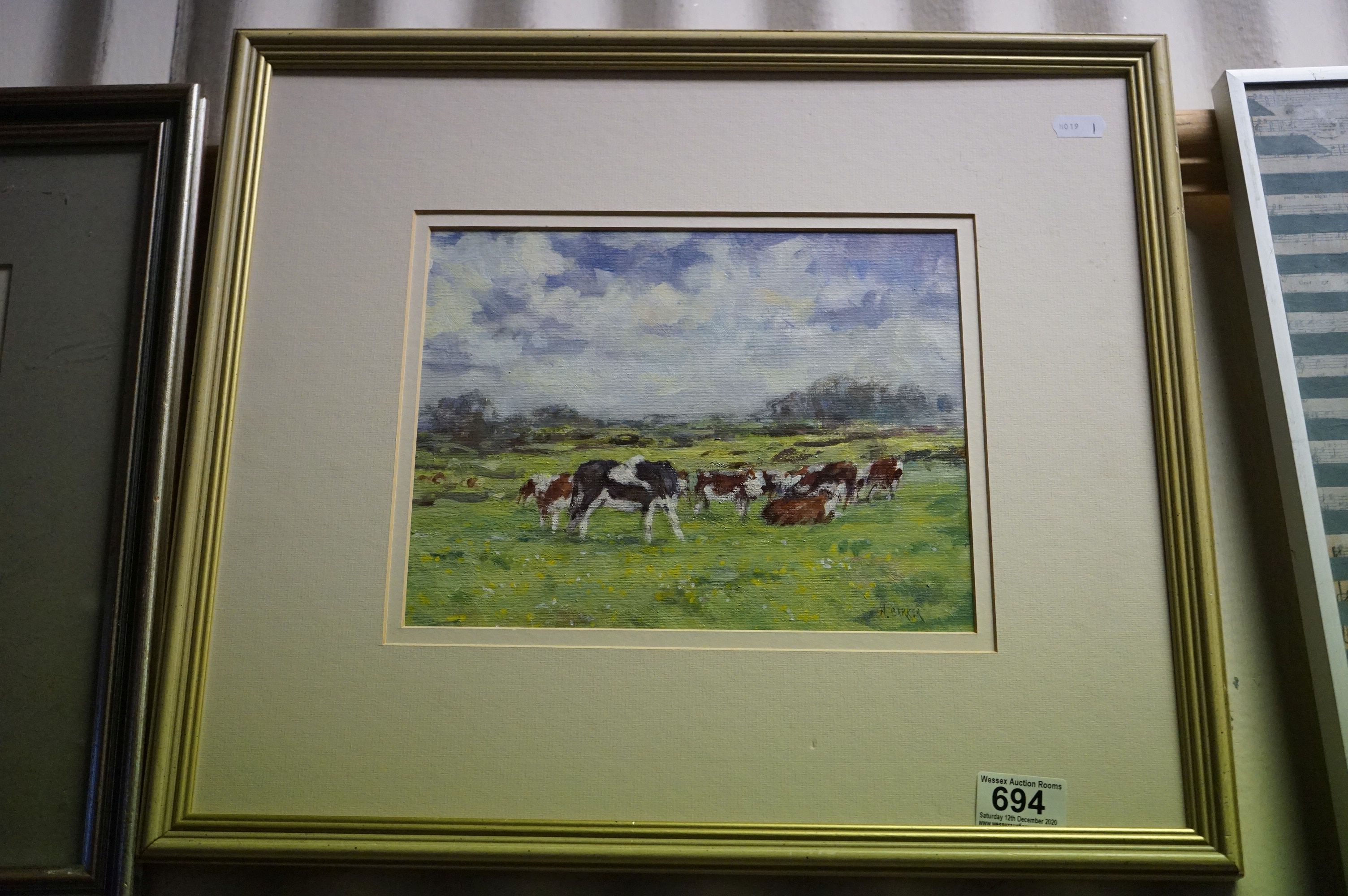 Neville Barker (British 1949-2008), Oil on Board, Cattle in a Meadow, 20cms x 25cms, framed