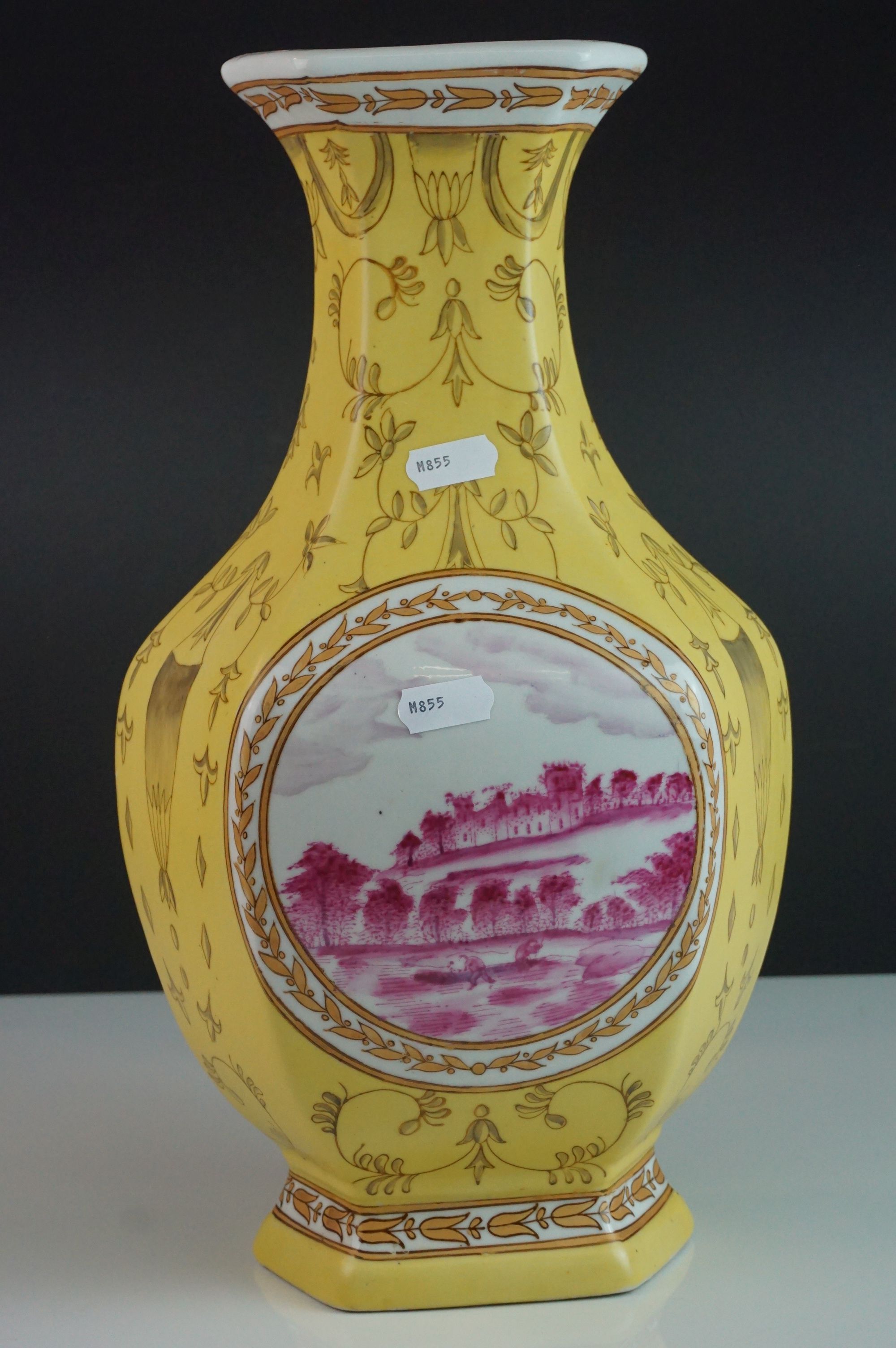 Pair of 20th century Chinese Yellow Ground Vases decorated with panels of European Landscape - Image 3 of 9