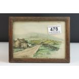 Small Watercolour of a Rural Farm Scene with mountains in background, signed M.M.T 1947