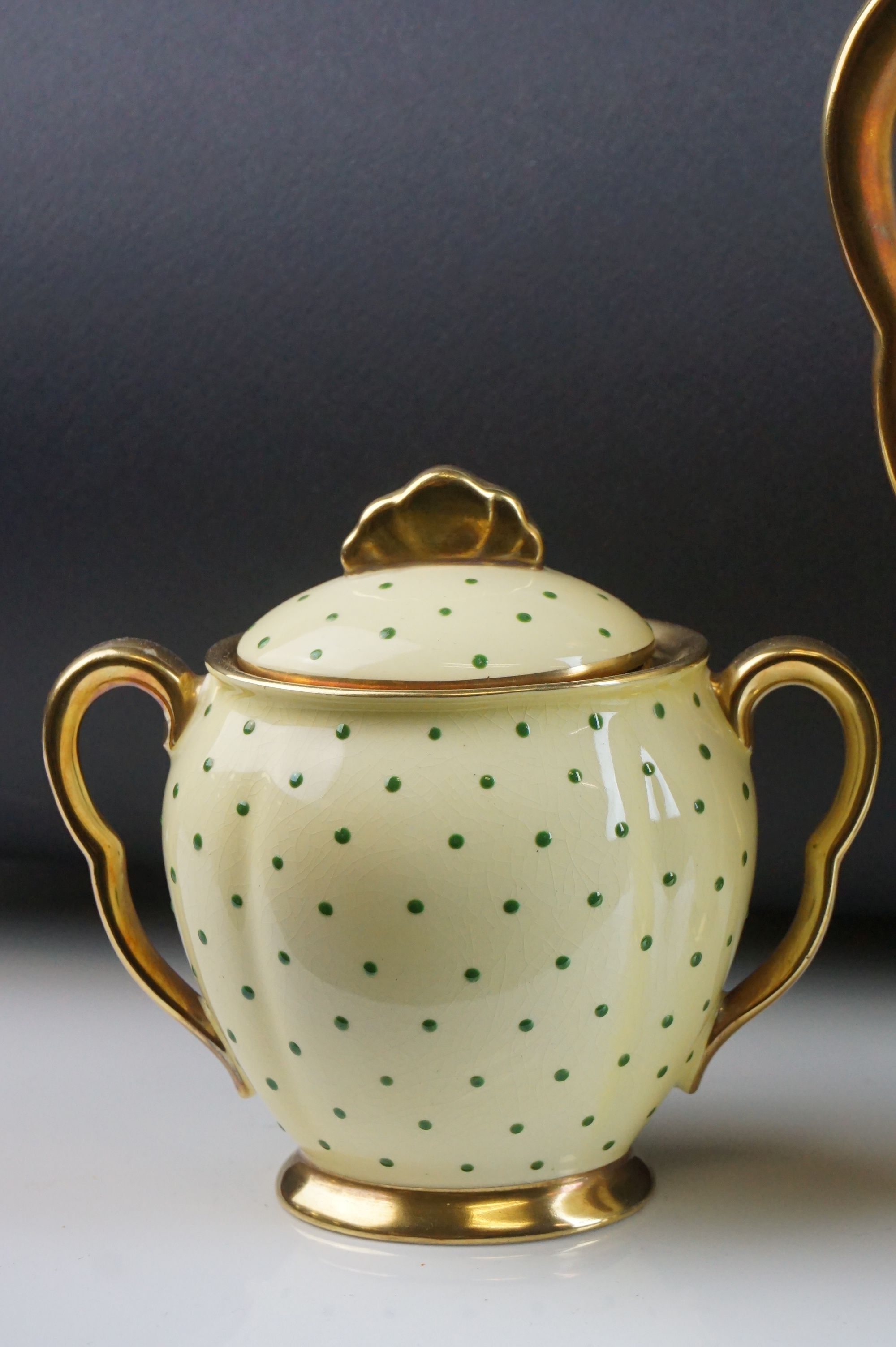 Early 20th Century Carlton ware coffee set, enamelled with green dots on a yellow ground, comprising - Image 6 of 10