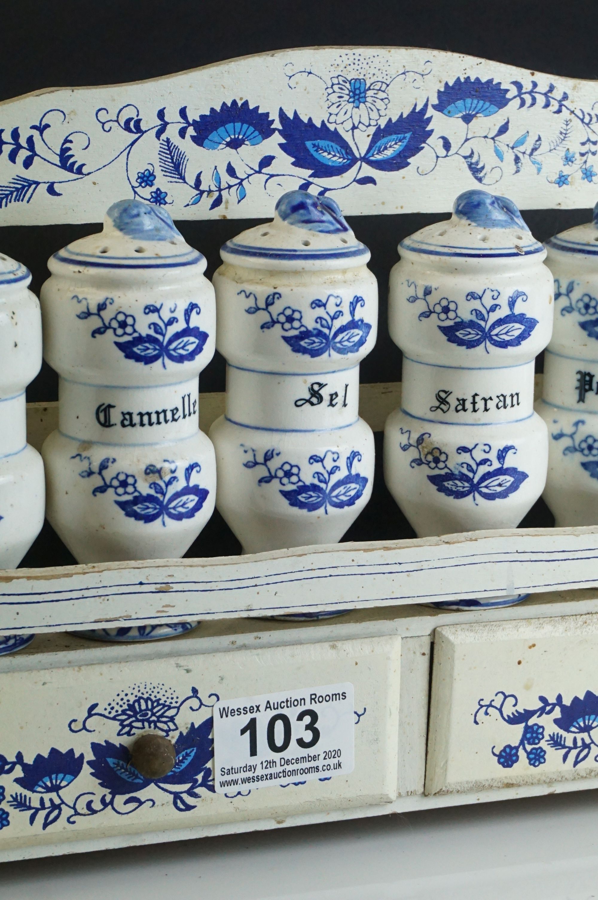 French Painted Wooden Spice Rack with Two Drawers holding Six Ceramic Spice Jars, 30cms long - Image 4 of 6