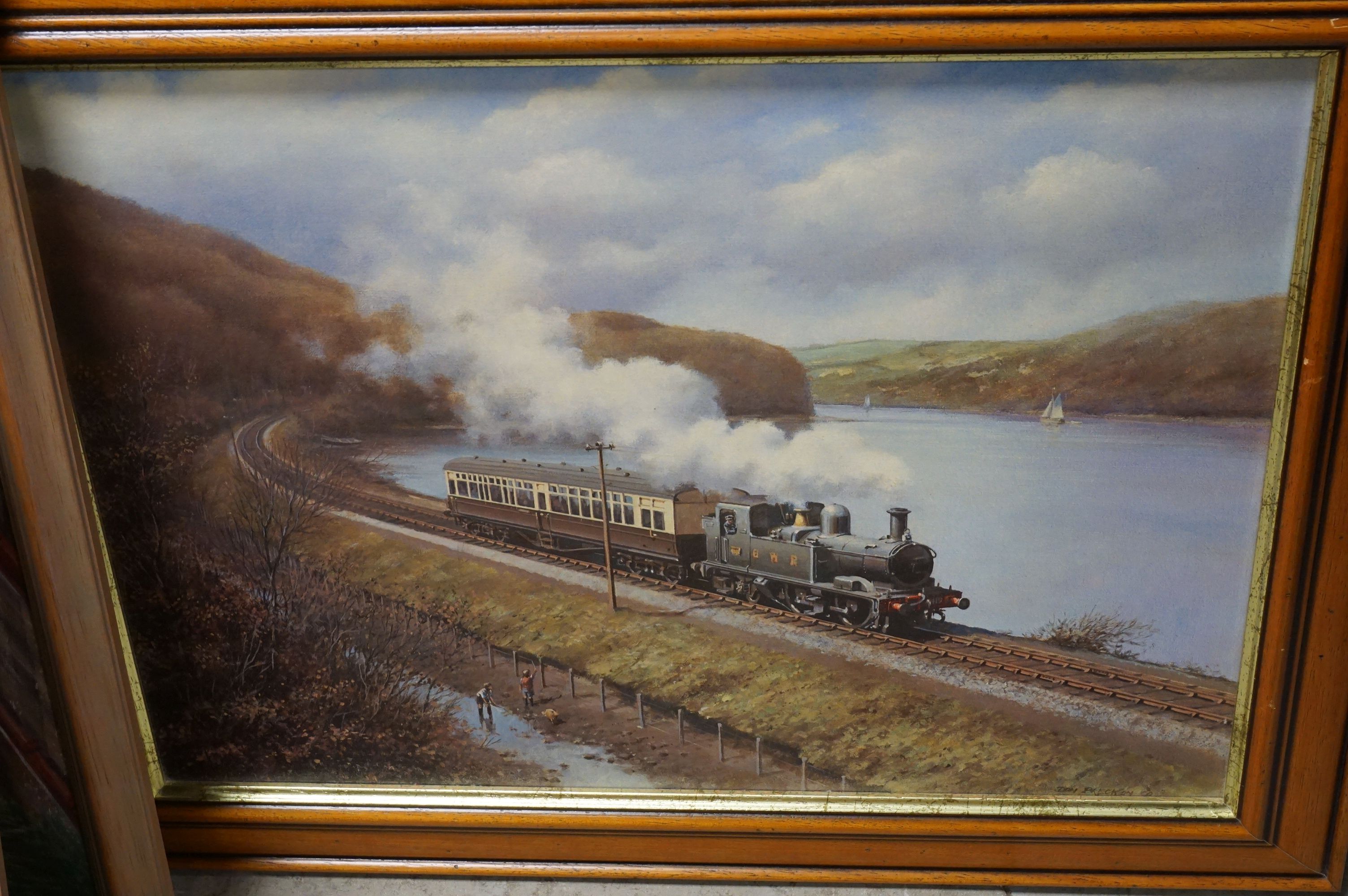 P Holt - two oil on board paintings of steam trains, a framed limited edition print of Calne railway - Bild 5 aus 10