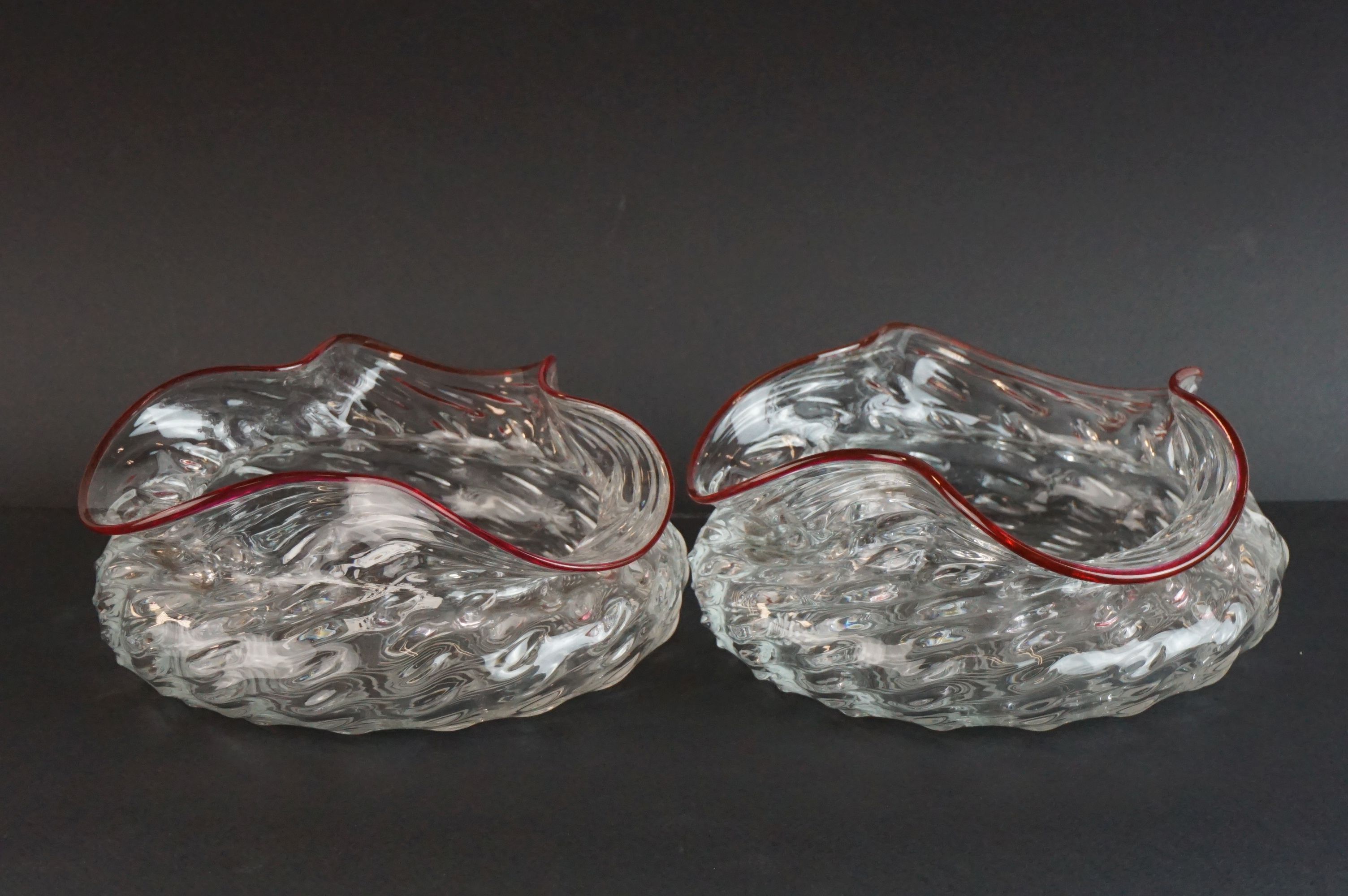 Pair of Victorian spirally moulded bowls, with red glass rims