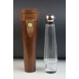 Victorian / Edwardian Glass Saddle Flask with plated lid, contained within a tapering leather case
