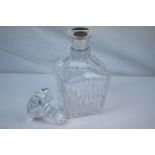 Square Cut Glass Decanter with Silver Hallmarked Collar, Birmingham 1949