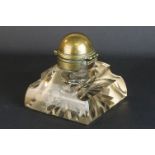 Victorian Brass Mounted Square Glass Inkwell, the hinged inner collar stamped ' Betjemanns Patent