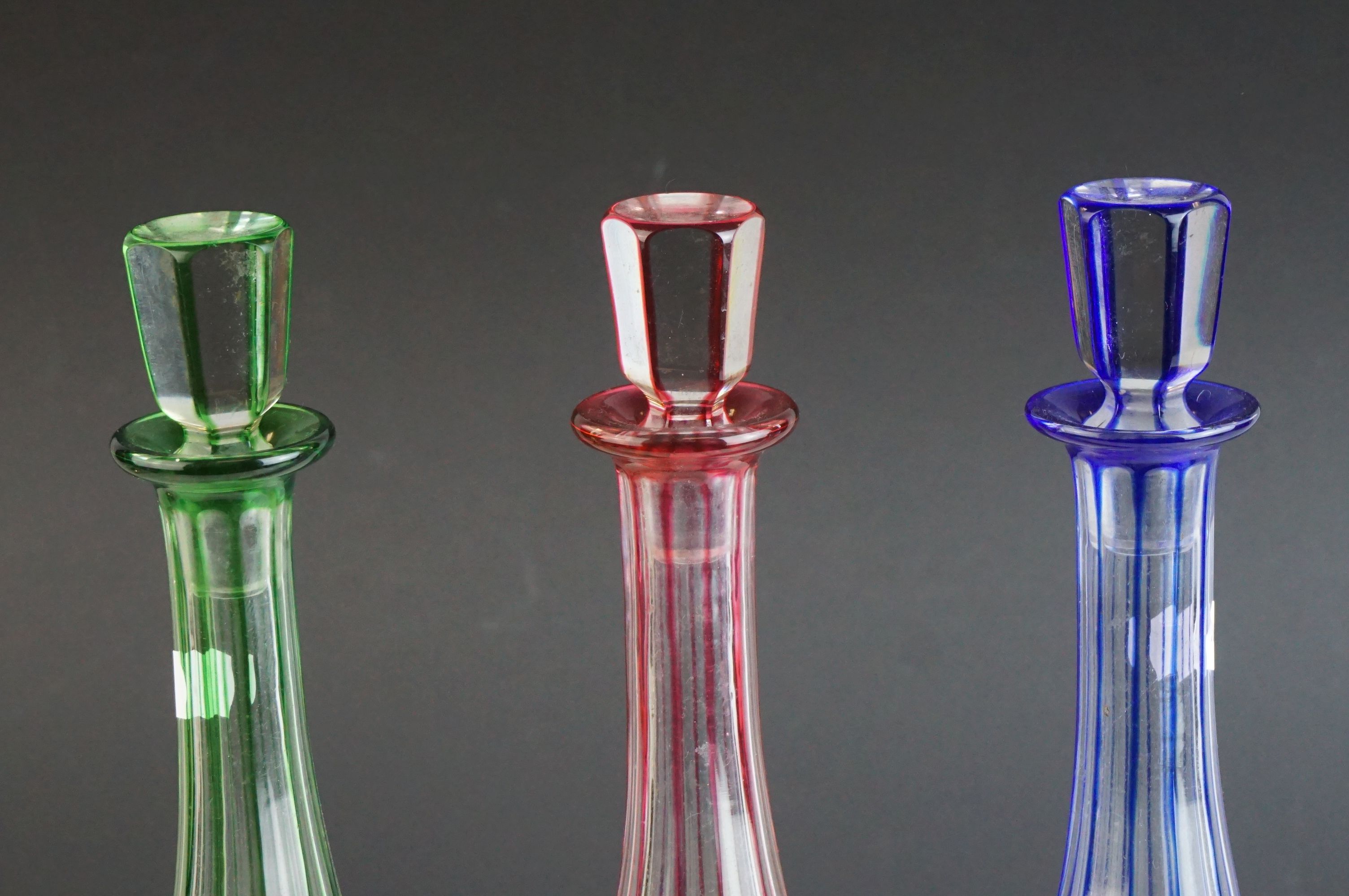 Set of Three Bohemian Coloured Glass Tall Decanters with Stoppers (blue, green and red) held on a - Image 7 of 9