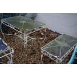 Garden Table with Glass Top and scrolling white base, 130cms wide x 75cms high together with one