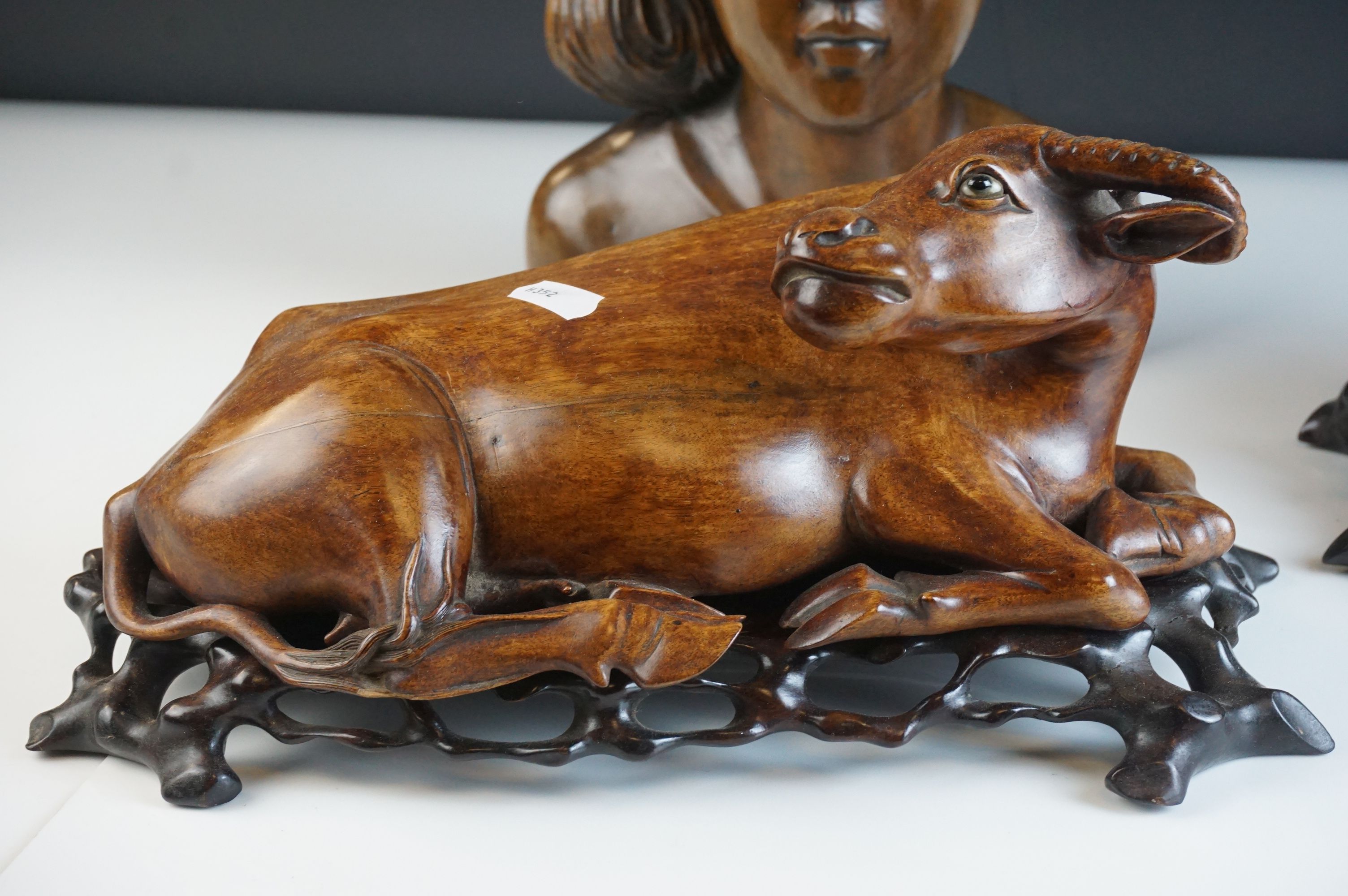 Pair of Chinese / South East Asian Hardwood Carved Models of Recumbent Cows / Ox / Water Buffalo - Image 4 of 7