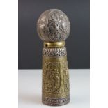 Large Tibetan White Metal and Brass Seal with embossed decoration including Animals and Birds, 25cms
